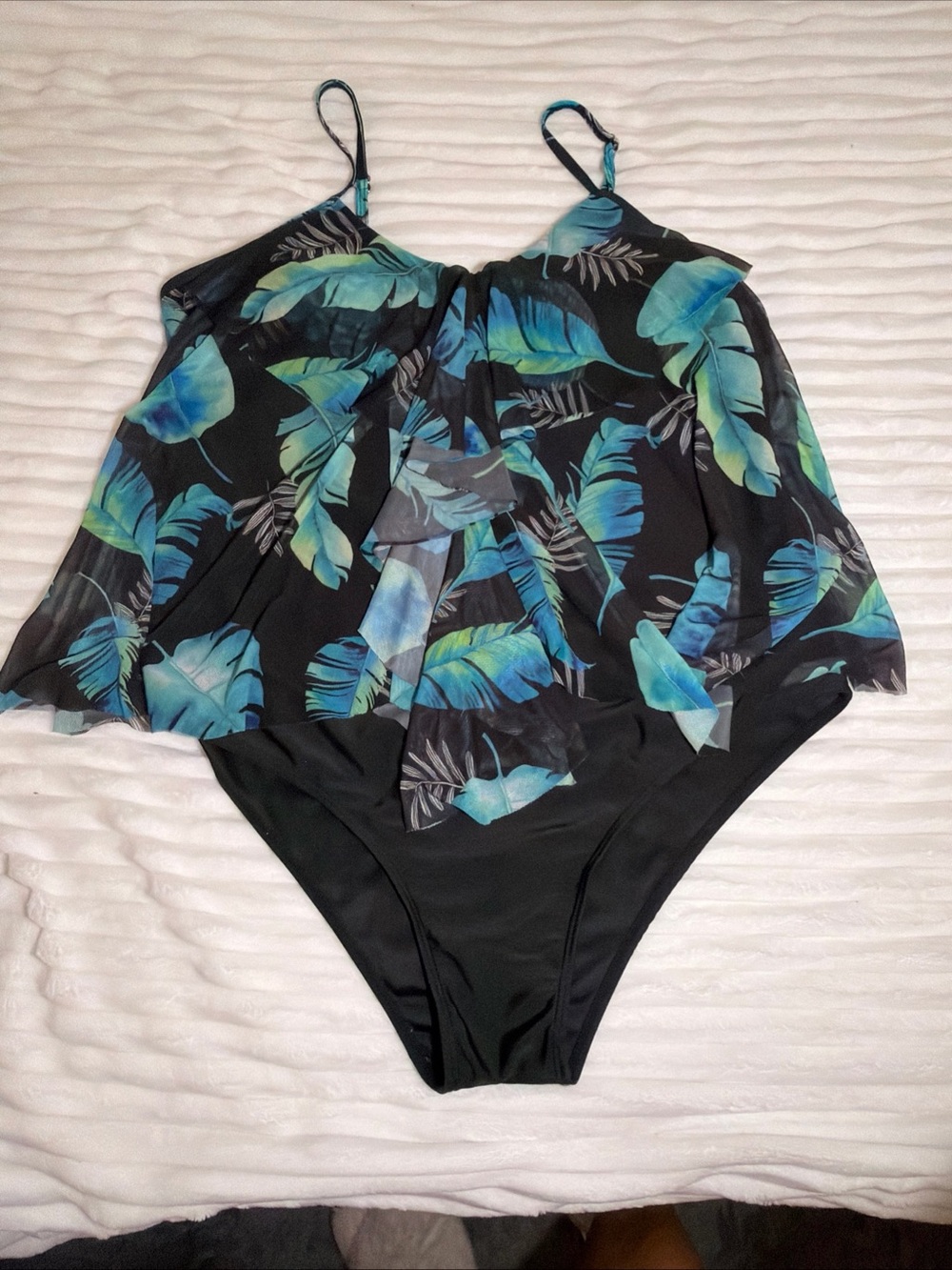 SHEIN Black One-Piece Swim with Blue & Green Tropical Print